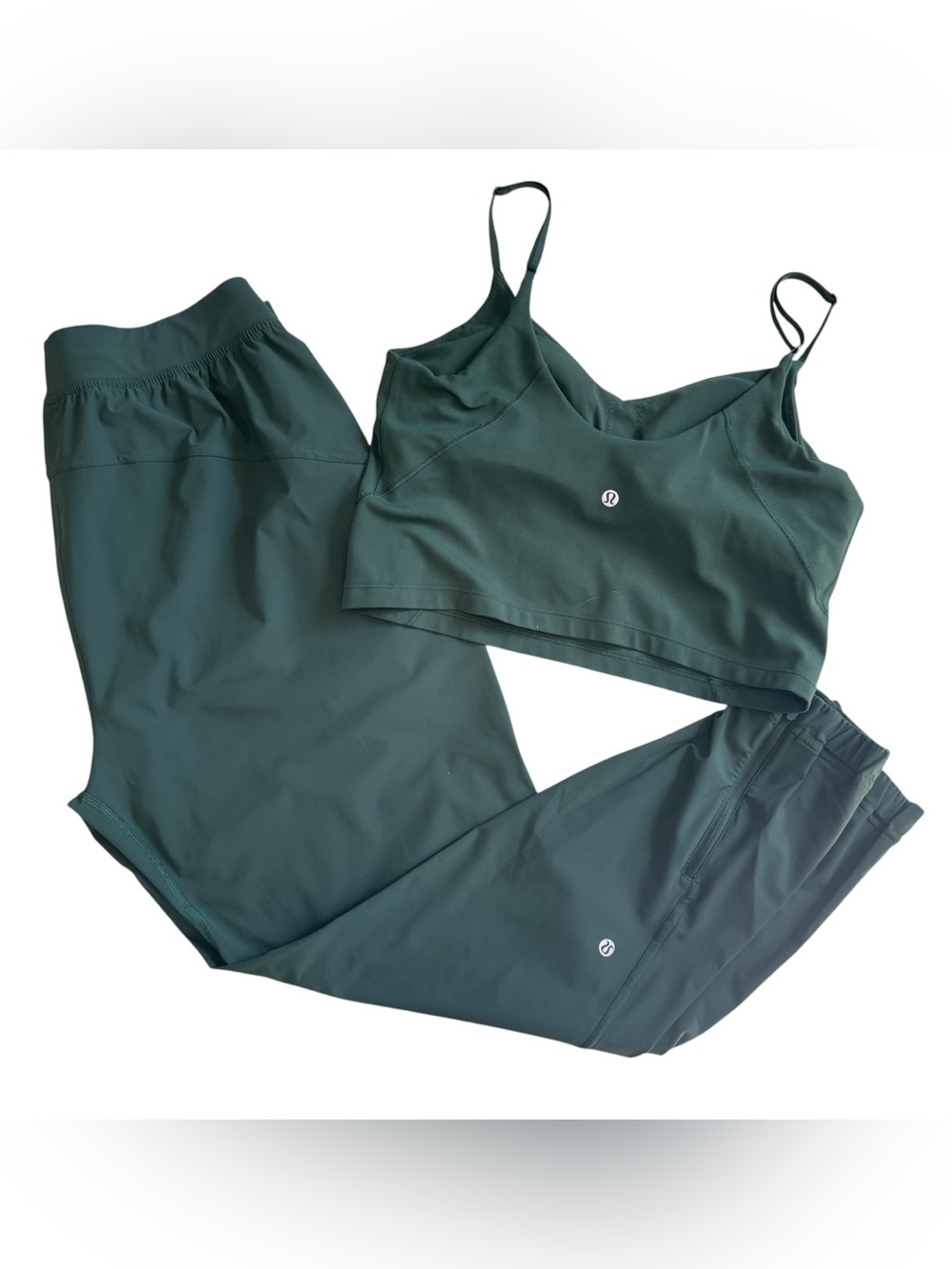 Lululemon Adapted State Jogger Forest Green Tech Pant, Crop Cami Bra Set 10/12